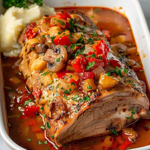 Porc Braisé aux Champignons et à la Tomate – Fondant